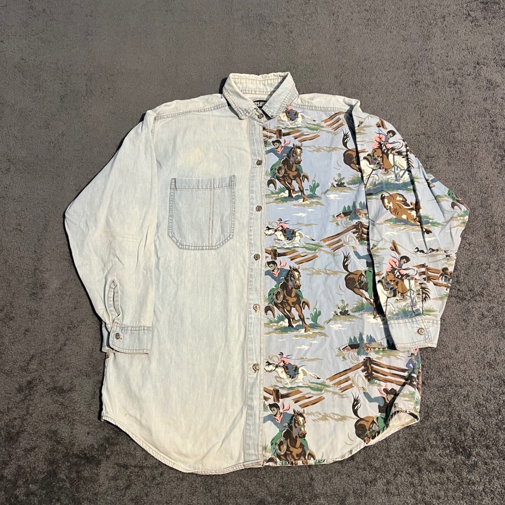 Vintage Wesayso Western Cowboy Print Split Panel Button Down Shirt Mens Large